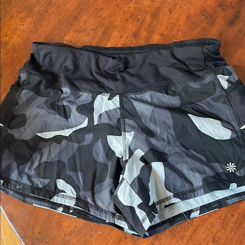 Athleta Black and Gray Athletic Shorts with Modern Camo Design